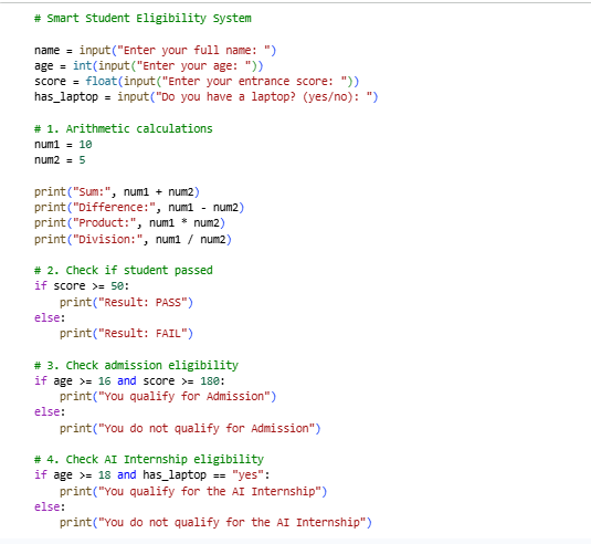 001_commander's tweet photo. Day 2 of Week 3 of my Intership My Tutor @BonifaceChosen taught us on input() function today, using it to build a student profile, an age calculator, and a few other mini challenges. #ArtificialIntelligence #MachineLearning #DataScience #AlgorithmicExplorers #AI #BonifaceEmmanuel https://t.co/IJX4P4lh6j