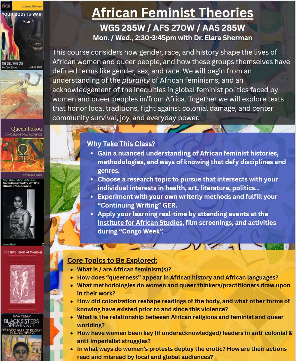 EmoryIAS's tweet photo. Emory Students:
As you prepare for an amazing semester ahead, the Institute of African Studies invites you to check out the AFS course offerings on the attached flyer.

Space is available in AFS 270W African Feminist Theories. See the attached flyer for more information. https://t.co/z5V2qpKGWk