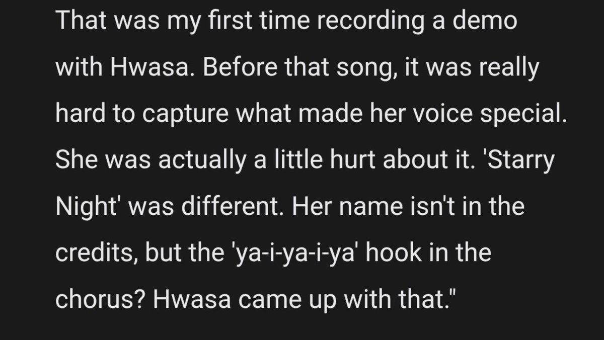 CharmingHwasa's tweet photo. Hwasa composed the key part of "Starry night". The chorus everyone remembers and didn't received credit.

I'm glad PWS is letting everyone know.

She is really a Hitmaker. https://t.co/9skIP92G3Y