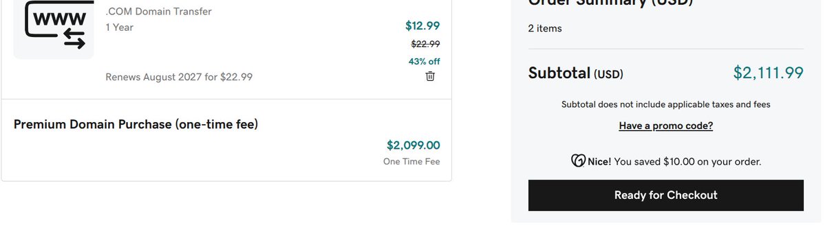 farrigs's tweet photo. why does godaddy have to add a year of registration to the grand total? just absorb it on that high % seller is already giving you. you are losing many sales by showing different total on checkout vs marketplace listings. https://t.co/PAZJJxlVTE