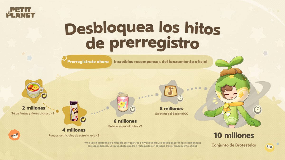 PetitPlanet_ES's tweet photo. ⭐ Reveladas las recompensas por los hitos de prerregistro global de Petit Planet ⭐

Querido/a planetista, ¡el evento de hitos del prerregistro global de Petit Planet ya ha comenzado!
Si vas ahora a la página web oficial y completas el prerregistro para Petit Planet, ¡podrás asegurar la recompensa: vara luminosa de la amistad!
Al alcanzar los hitos del prerregistro global, también podrán desbloquear las recompensas correspondientes. 🎁

¡Gracias por tu compañía y apoyo, planetista! ¡Esperamos verte pronto!

#Pruebabetafinal
#PetitPlanet