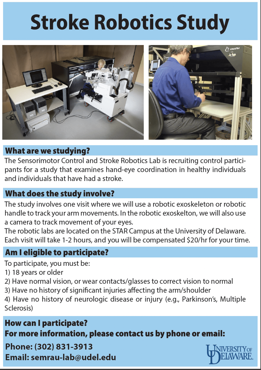 UD_CHRC's tweet photo. Stroke Robotics Study
The Sensorimotor Control and Stroke Robotics Lab is recruiting control participants for a study that examines hand-eye coordination in healthy individuals and individuals that have had a stroke.
Call or email us today, to hear more! https://t.co/hpWBsVqiyj