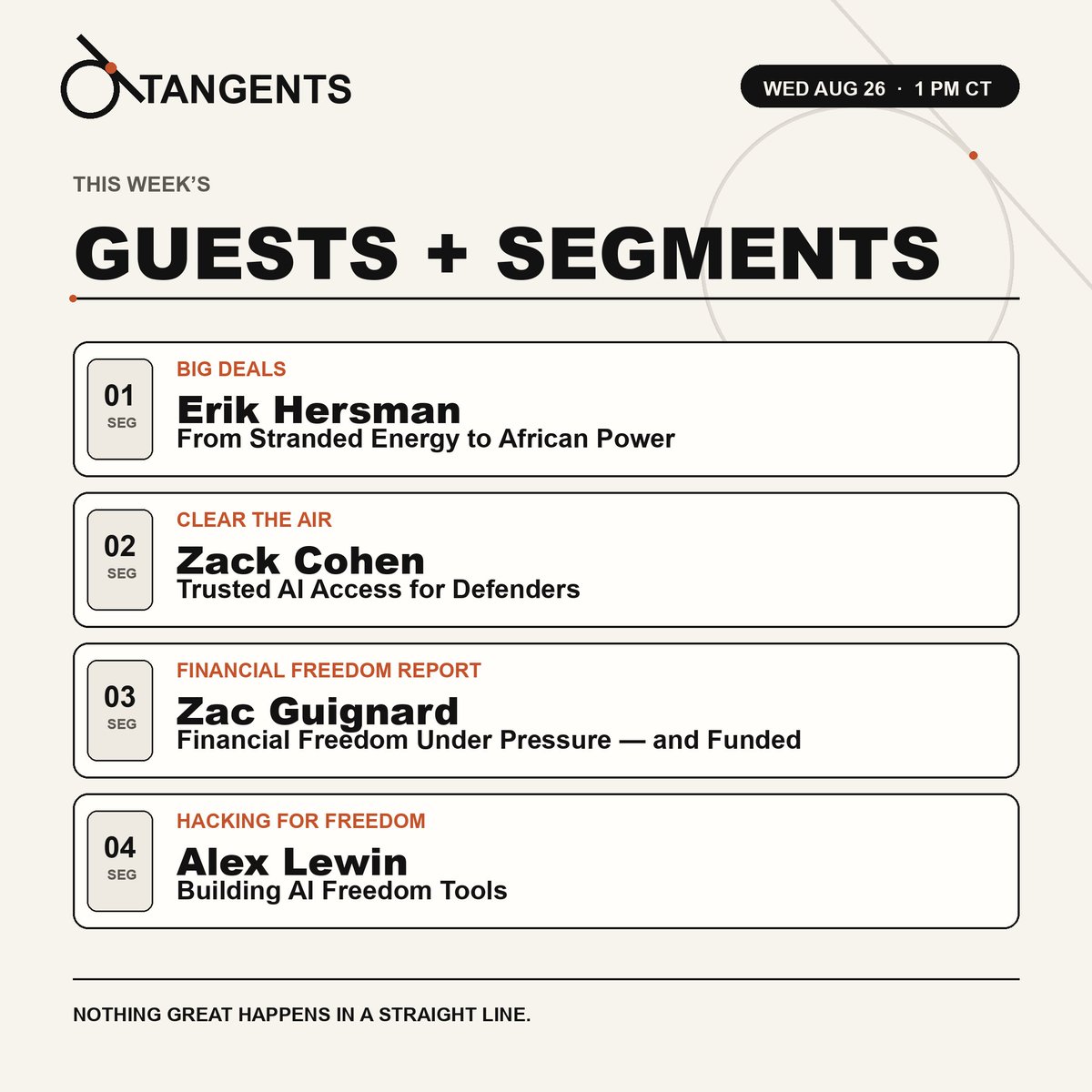 tangents_d's tweet photo. Going live at 1pm CST, Tangents with @bitkite.  

Today's Rundown: 
1. @whiteafrican - CEO, @GridlessCompute
2. @zackcohen_- Sr. Associate, @bitcoinpolicy
3. @zacguignard - Financial Freedom, @HRF
4. @ALewin - Software Engineer, Finite

Join us for a front row seat on frontier technologies shaping the world as we know it 🤝