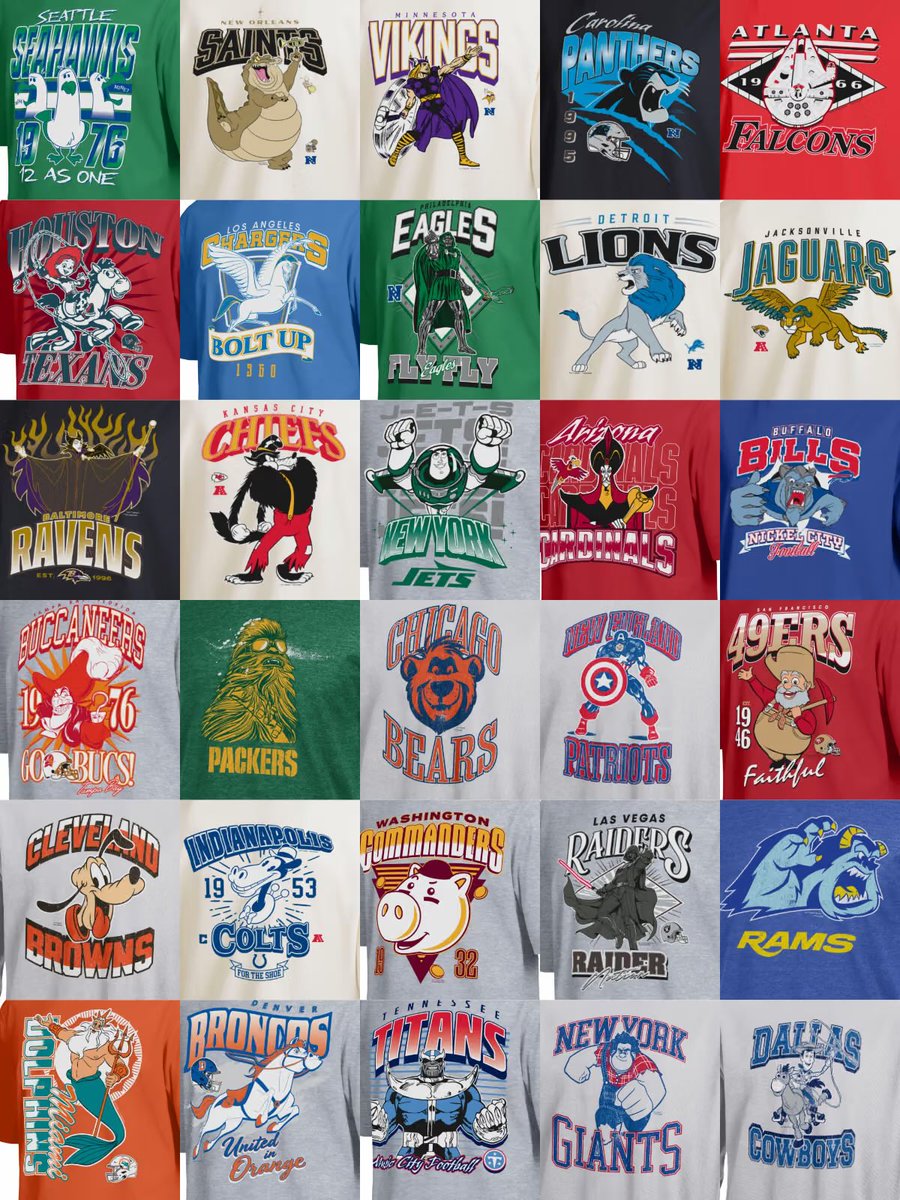 ReneeFreakNFL's tweet photo. 🏈✨ NFL x Disney: qué personaje representa a cada equipo

AFC EAST
🦬 Bills — Bestia
🐬 Dolphins — Rey Tritón
🇺🇸 Patriots — Capitán América
✈️ Jets — Buzz Lightyear

AFC NORTH
🐦‍⬛ Ravens — Maléfica + Diaval
🐅 Bengals — Shere Khan
🟤 Browns — Pluto
⚙️ Steelers — Pete

AFC SOUTH
🐂 Texans — Jessie
🐎 Colts — Horace Horsecollar
🐆 Jaguars — Pepita
⚔️ Titans — Thanos

AFC WEST
🐴 Broncos — Maximus
🏹 Chiefs — Lobo Feroz
☠️ Raiders — Darth Vader
⚡ Chargers — Hércules + Pegasus

NFC EAST
⭐ Cowboys — Woody
🏙️ Giants — Ralph el Demoledor
🦅 Eagles — Doctor Doom
🎖️ Commanders — Hamm

NFC NORTH
🐻 Bears — Baloo
🦁 Lions — Simba
🧀 Packers — Chewbacca
⚔️ Vikings — Thor

NFC SOUTH
🐦 Falcons — Millennium Falcon
🐈‍⬛ Panthers — Bagheera
⚜️ Saints — Louis
🏴‍☠️ Buccaneers — Capitán Garfio

NFC WEST
🐦 Cardinals — Jafar + Iago
🐏 Rams — Sulley
⛏️ 49ers — Stinky Pete
🌊 Seahawks — Las gaviotas de “Mine! Mine! Mine!”

#NFL #Disney #NFLxDisney