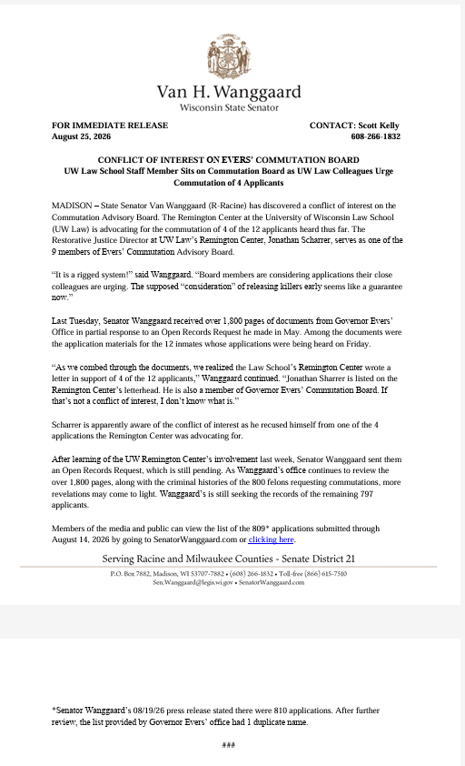 Vanwanggaard's tweet photo. BREAKING - Conflict of Interest on Governor Evers' Commutation Board!

Read more at the link or here: https://t.co/8029vksnm9