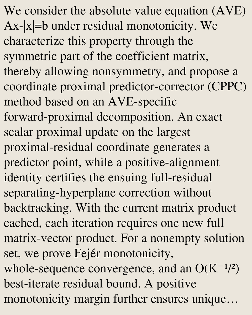 MathOCPapers's tweet photo. A Line-Search-Free Coordinate Proximal Predictor-Corrector Method for Monotone Absolute Value Equations

Haotian Wang, Yong Xia
https://t.co/QB6uRvJvkp [𝚖𝚊𝚝𝚑.𝙾𝙲] https://t.co/44WhkiEfSr