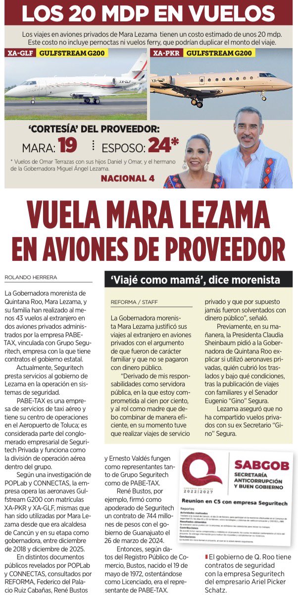 bereaguilarv's tweet photo. ¿Cortesía?  ¿Y a cambio de qué tanta generosidad?

Mara Lezama y su familia acumularon al menos 43 vuelos al extranjero en jets privados. Costo estimado: 20 MDP.

Dice que no pagó el gobierno: los aviones fueron “prestados” por un proveedor vinculado con empresas que tienen contratos con su administración.