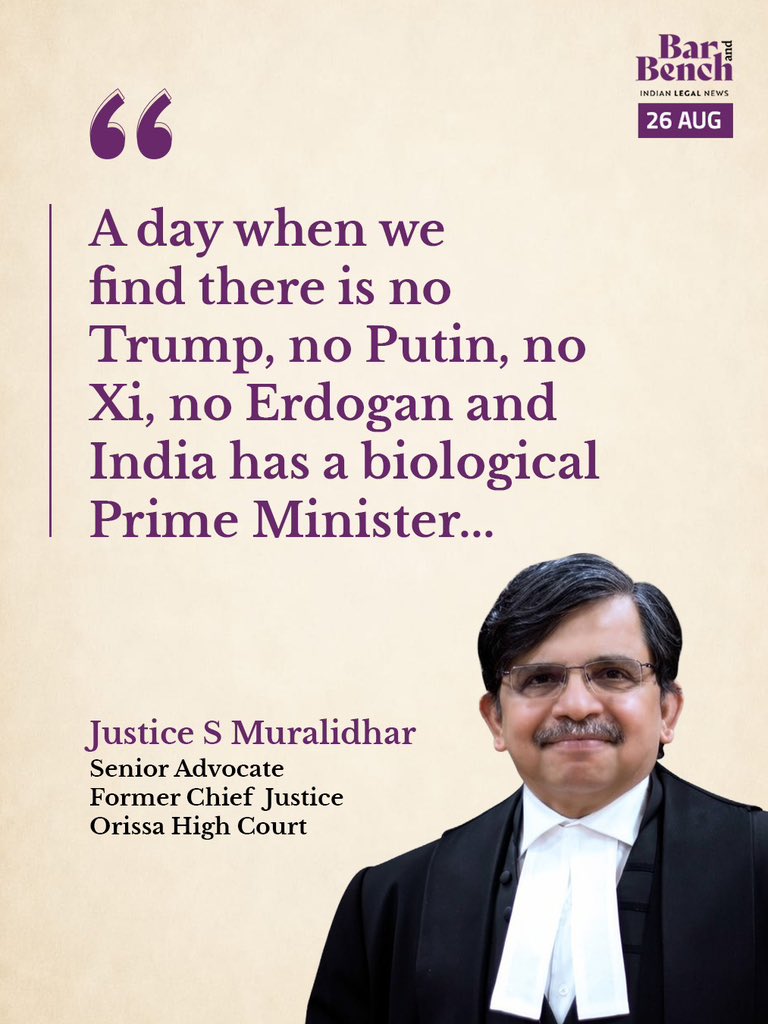 barandbench's tweet photo. Former Justice Justice S Muralidhar
took apparent dig at PM Modi's remarks on being "non-biological"

Justice Muralidhar was delivering the DS Borker Memorial Lecture on My Vision of India: 2047 AD at the India International Centre in New Delhi.

Read more: https://t.co/gVNgGLUqGX