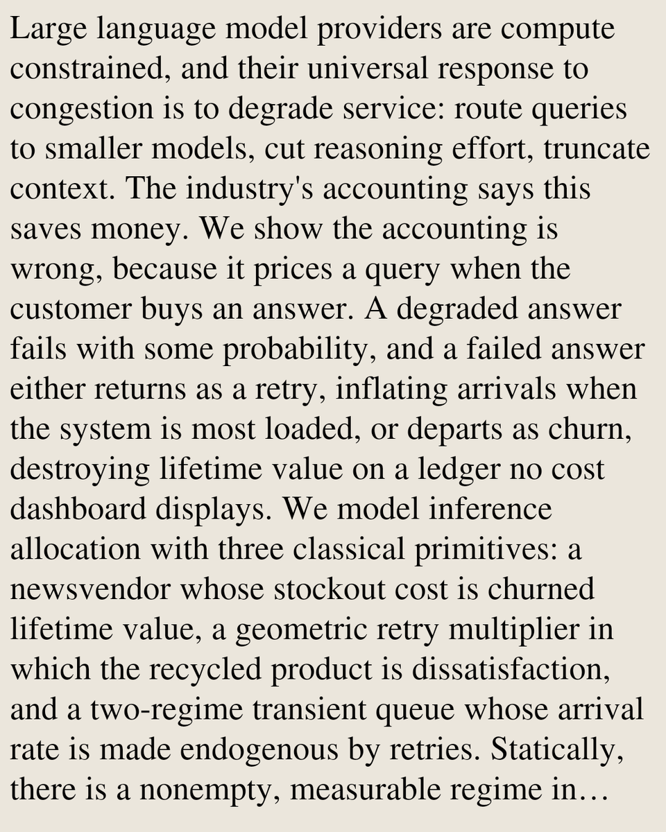 MathOCPapers's tweet photo. The Shadow Price of Intelligence: Quality Degradation in LLM Inference as a Supply Chain Problem

Elioth Sanabria
https://t.co/oFAcDIbv27 [𝚖𝚊𝚝𝚑.𝙾𝙲 𝚌𝚜.𝙰𝙸 𝚌𝚜.𝙿𝙵] https://t.co/GmSyrB188X