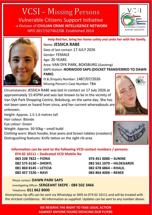 botha_vale's tweet photo. #MissingPerson

#SouthAfrica

#Gauteng

#Boksburg

#VanDykPark

#DawnPark

#SAPS

#VCSI

#FindJessicaRabe https://t.co/3UCLSsfQrp