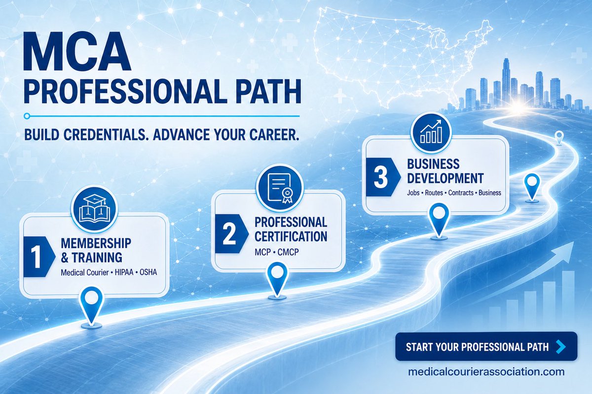 MedCourierAssoc's tweet photo. Start Your Medical Courier Career:

Join MCA to complete Medical Courier, HIPAA and OSHA training, build verifiable credentials, advance toward MCP and CMCP Certification, and prepare for jobs, routes, contracts and business opportunities.

Join today: https://t.co/QP6xZycpgs https://t.co/N4ay21nVfR