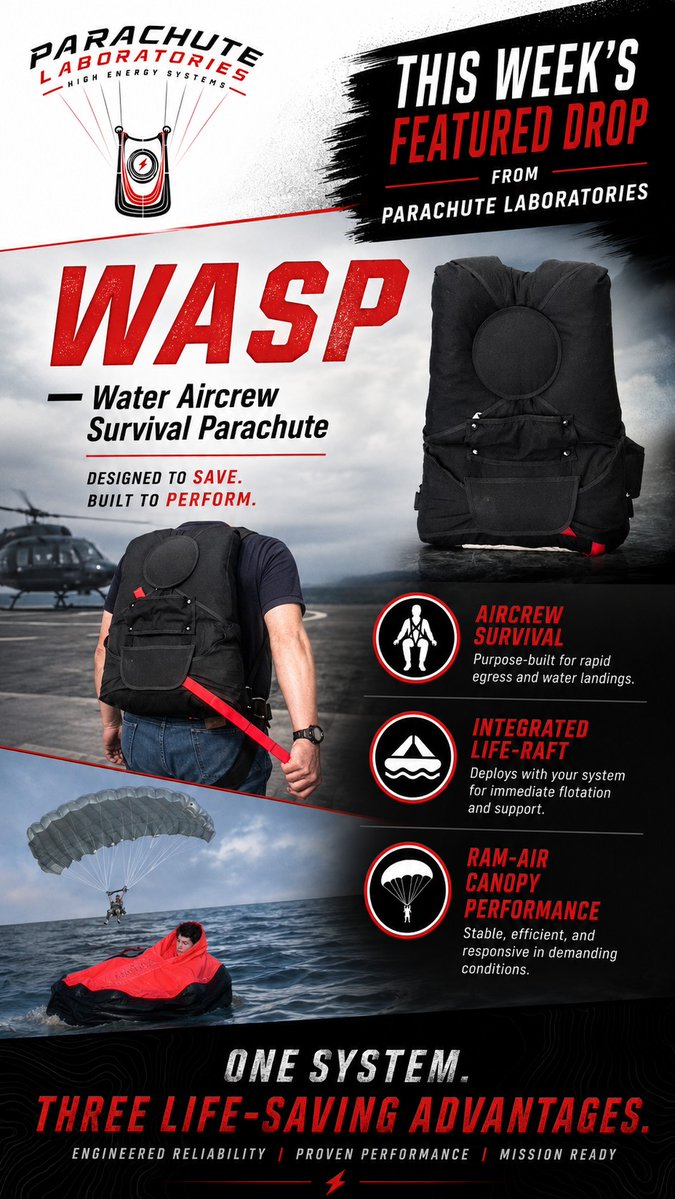 Plabsinc's tweet photo. This week’s Featured Drop from Parachute Laboratories Inc

WASP — Water Aircrew Survival Parachute

When an aircrew emergency happens over water, getting safely under canopy is only part of the problem.

The PLABS WASP brings emergency parachute capability and post-bailout survival capability together in one mission-focused system. Designed for aircrew operating over or near water, the WASP incorporates a dedicated survival compartment and can be configured with a one-person life raft tethered directly to the parachute harness.

Depending on the mission and configuration, WASP options can include round or ram-air canopies, adjustable or non-adjustable harness configurations, static-line or ripcord activation, and alternative survival loads such as desert-survival or medical equipment.

For life-raft configurations, the raft can be deployed and CO₂-inflated while the aircrew member is under canopy, allowing survival equipment to be brought into the emergency sequence before water entry.

Aircrew survival. Parachute performance. One system.

Contact Parachute Laboratories for WASP configuration options, canopy selection, mission-specific requirements, pricing, and current lead times.

#ParachuteLaboratories #PLABSINC #FeaturedDrop #WASP #WaterAircrewSurvivalParachute #AircrewSurvival #EmergencyParachute #AviationSafety #MaritimeAviation #LifeSupportEquipment #MadeInAmerica #VeteranOwned