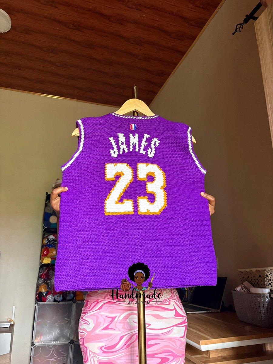 jenny_frimp's tweet photo. I crocheted LeBron James’s Lakers jersey in 53 hours, entirely by hand. 🧶💜💛🤍 https://t.co/F2VoDvC4XR
