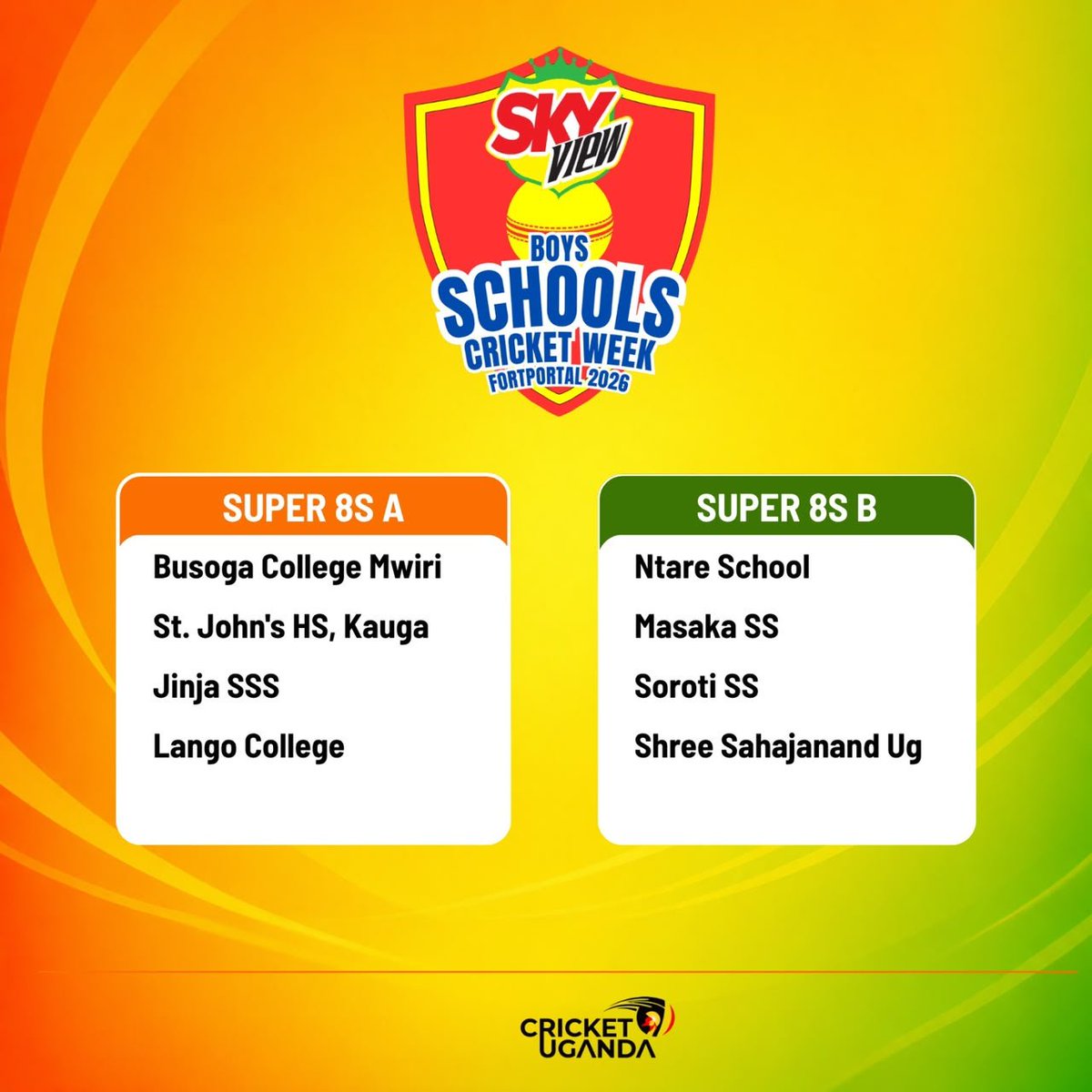 SorotiAcademy's tweet photo. SUPER 8 B — HERE WE COME

Today is a well-deserved REST DAY for SOROTI SS, but the mission continues! 

Congratulations to SOROTI SS on making it into the SUPER 8 of the CU-SKY VIEW Boys’ Schools Cricket Week! 🎉👏

The hard work has paid off, but the job is far from done.  A few more wins and we could be SEMI-FINAL BOUND! 

Now we regroup, recharge and come back stronger.

SUPER 8 B:
🟢 Soroti SS
🟢 Ntare School
🟢 Masaka SS
🟢 Shree Sahajanand UG

COME ON SOROTI
One game at a time. One win at a time. LET’S GO! 
#buildingdreams