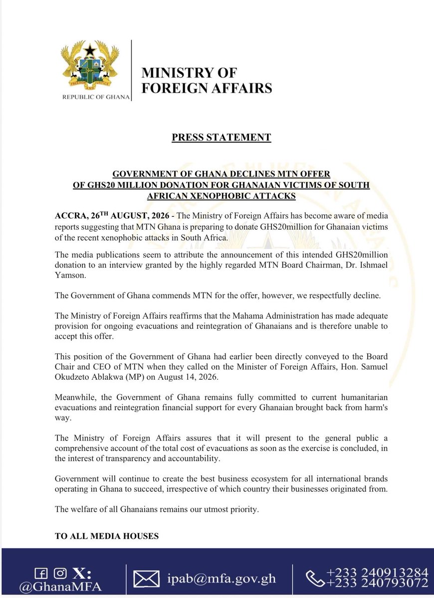 S_OkudzetoAblak's tweet photo. Government of Ghana respectfully declines MTN’s GHS20 million offer for Ghanaian victims of South African xenophobic attacks. 

The Mahama Administration and local partners have made adequate provision for ongoing evacuations and reintegration financial support. 

For God and Country 🇬🇭 🙏🏾