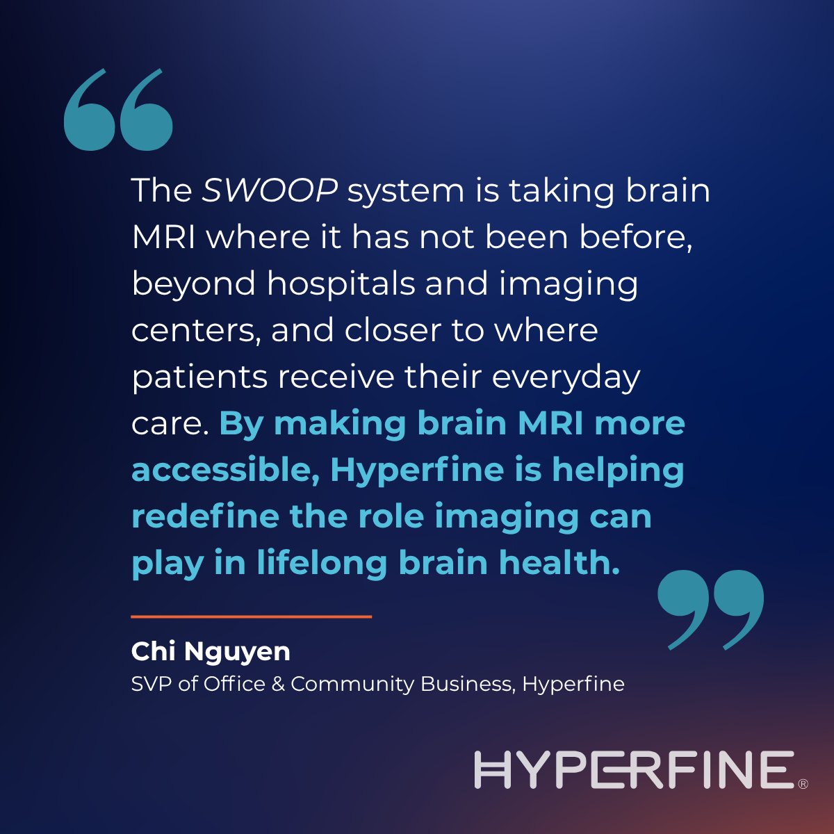Hyperfine's tweet photo. #NEWS! NEURO PMR results are now published in the Journal of Neuroimaging as the Swoop® system surpasses 3,000 brain MRI scans across physician practices in its first year. The Swoop system is being used across general neurology, headache, memory, pediatric neurology, concierge medicine, and longevity practices—bringing brain imaging closer to where patients receive their everyday care. Read full press release https://t.co/1xFyqV3jOp
#Hyperfine #MedTech #PortableMRI #SwoopSystem