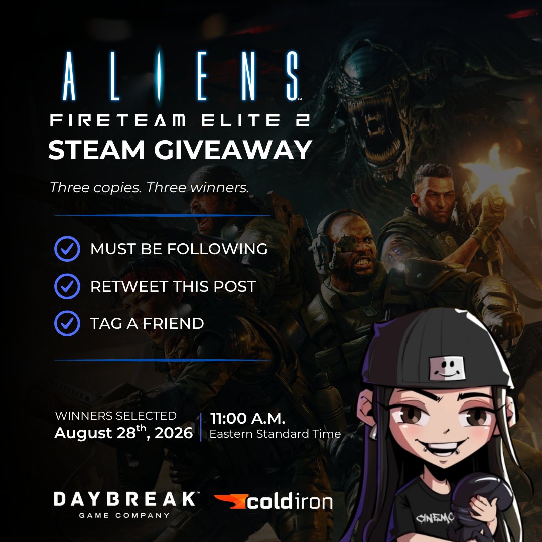 CINEM0RPH's tweet photo. The amazing team over at @DaybreakGames passed along a few Steam keys for me to give back to the community! If you’ve been waiting for a chance to dive in and start wiping out xenomorphs, here’s your shot!

ALIENS: FIRETEAM ELITE 2 🤍
STEAM GIVEAWAY 🖥️
3 COPIES AVAILABLE ✨

Follow Me • Retweet • Tag 
Winners announced Friday at 11 a.m. EST
#AFE2Creator