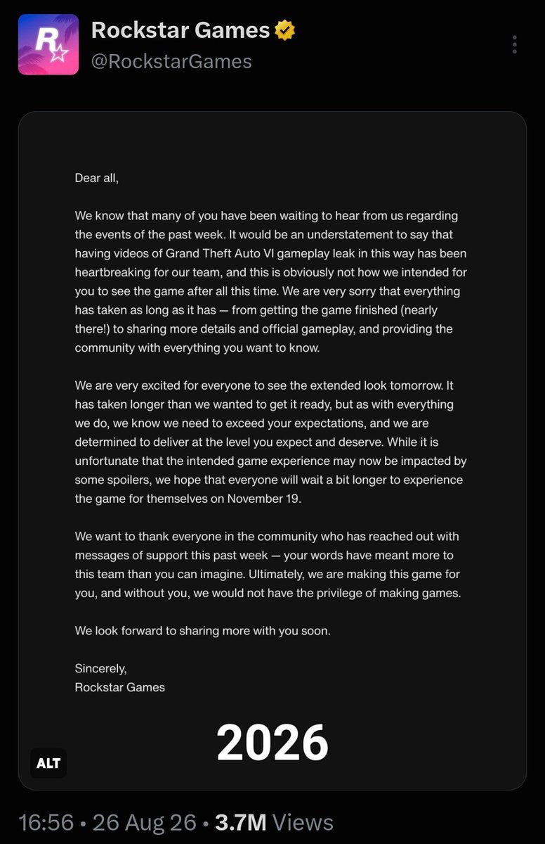 theansarh's tweet photo. Rockstar’s GTA 6 leak apologies have better continuity than half their games.

Cyberleek really unlocked the 2026 sequel. 😭

2022 GTA 6 leak:
“an experience that truly exceeds your expectations.”

2026 GTA 6 leak:
“we need to exceed your expectations.”

Four years. Two massive GTA 6 leaks. Same Rockstar apology script.

At this rate, the next leak statement is already canon.