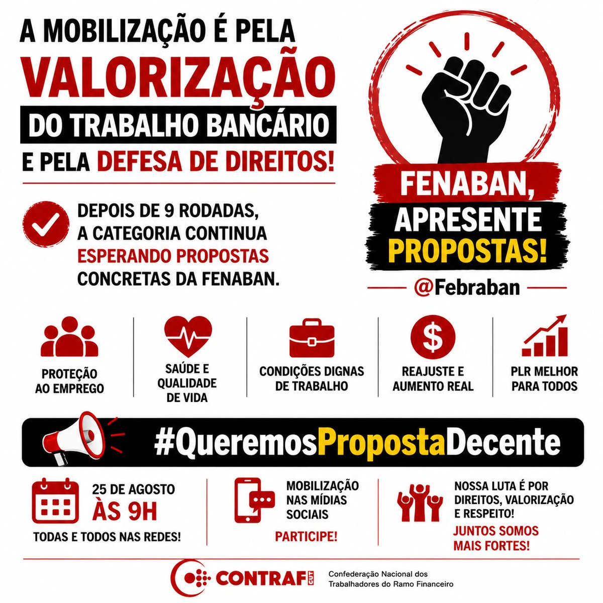 seebparanavai's tweet photo. Bancárias e bancários não querem promessas vazias. Queremos negociação com resultados: reajuste, aumento real, PLR melhor, proteção ao emprego, saúde e condições dignas de trabalho. @Febraban, apresente propostas! #QueremosPropostaDecente https://t.co/QWIYMSa2mV
