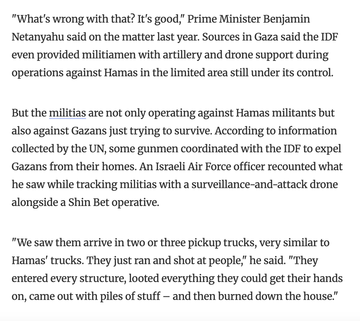 AdHaque110's tweet photo. "According to information collected by the UN, some gunmen coordinated with the IDF to expel Gazans from their homes."

"You see the State of Israel, the IDF and Shin Bet sending armed, trained militias to commit war crimes, and I'm the one who has to protect them" https://t.co/U4upOktIdg
