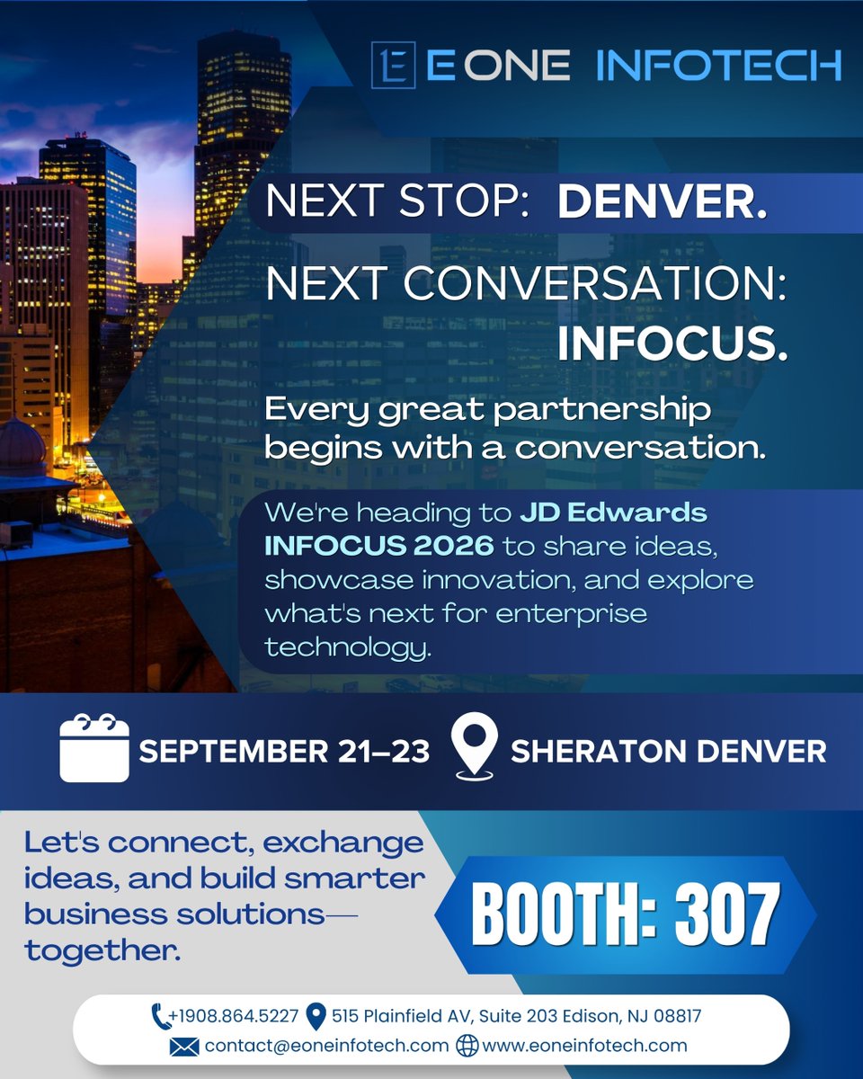 EOneInfotech's tweet photo. 🚀 Next stop: Denver. Next conversation: INFOCUS 2026! Meet eOne Infotech at Booth 307, September 21–23, at Sheraton Denver. Let’s share ideas, explore innovation, and build smarter business solutions—together! 🤝

#INFOCUS2026 #JDEdwards #eOneInfotech #ERP #DigitalTransformation https://t.co/XqDihbP2lR