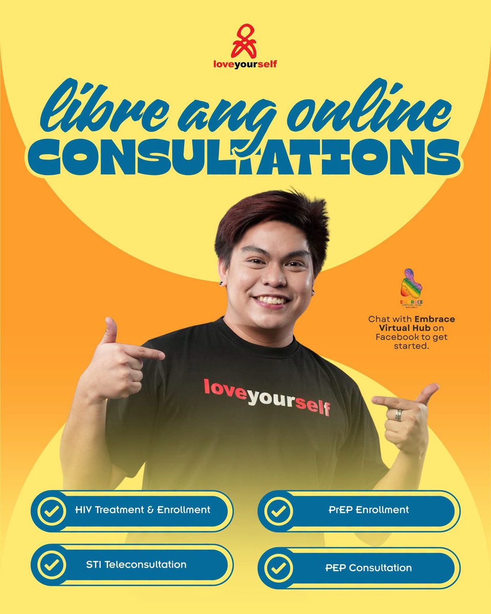 LoveYourselfPh's tweet photo. LIBRE LANG ANG CONSULTATION!

No need to worry about paying a fee or taking a commute, consultation is just a tap away!

Message Embrace Virtual Hub on Facebook to get started.

#LoveYourselfPH https://t.co/lcqpYSi6bD