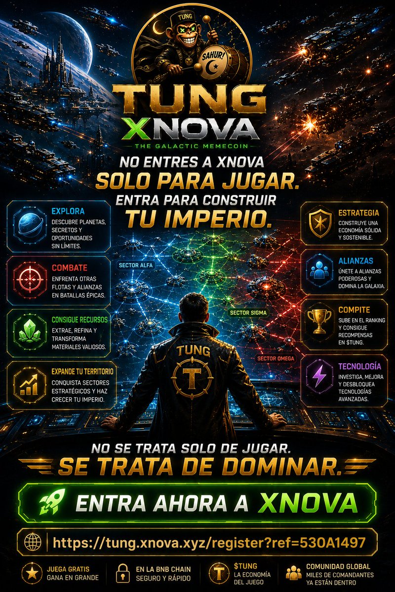 CriptoGan21's tweet photo. 🚀 No entres a TUNG NOVA solo para jugar. Entra para construir tu imperio.

🌌 Explora
⚔️ Combate
⛏️ Consigue recursos
🚀 Expande tu territorio
🏆 Compite por el dominio de la galaxia

Tu estrategia. Tu flota. Tu imperio.

#TungNova #TUNG #GameFi #Web3Gaming https://t.co/AaTa9A45aj