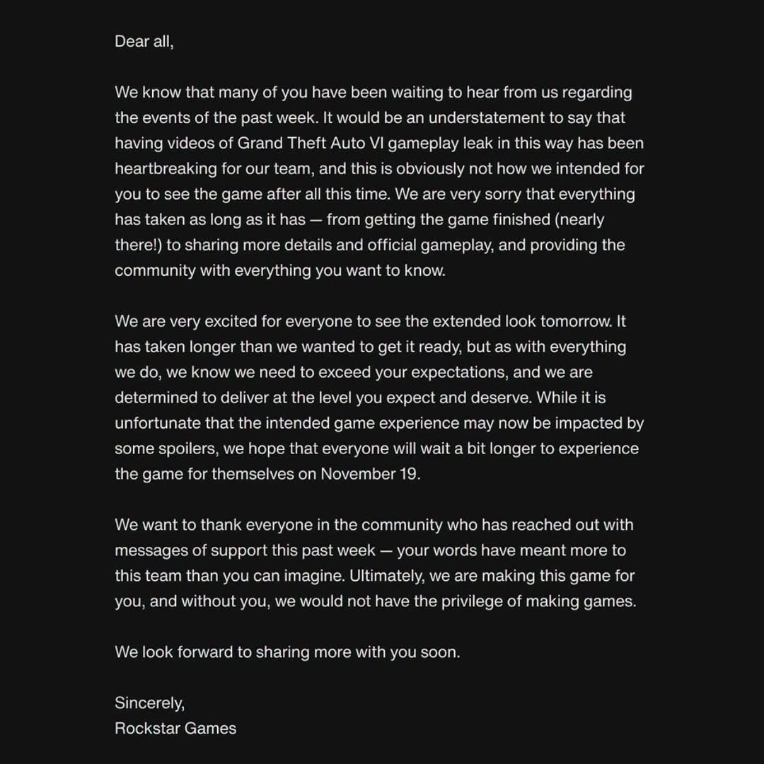 valuetainment's tweet photo. UPDATE: Rockstar Games issued an official statement calling the recent GTA 6 leaks "heartbreaking," while confirming that an official extended look at the game will proceed as scheduled tomorrow ahead of its November 19 release. https://t.co/WCbrIaOrTz