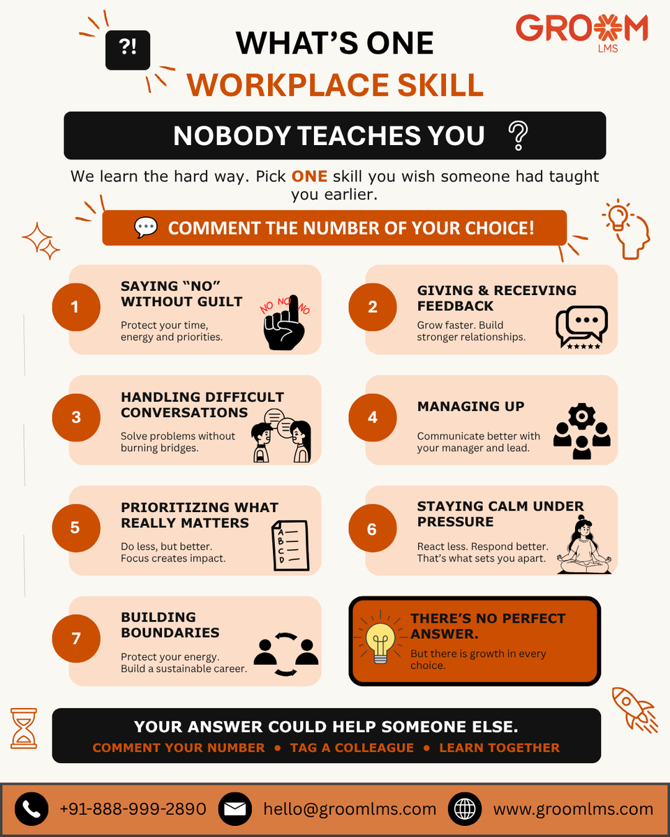 GroomLms's tweet photo. Some workplace lessons arenโt in the manualโthey come with experience.
If you could go back to Day 1, whatโs ONE skill you wish youโd learned sooner?
Tell us below. ๐
https://t.co/1pMvSdRVaw
#WorkplaceSkills #CareerGrowth #SoftSkills #ProfessionalDevelopment #WorkplaceLearning https://t.co/ksCevosost