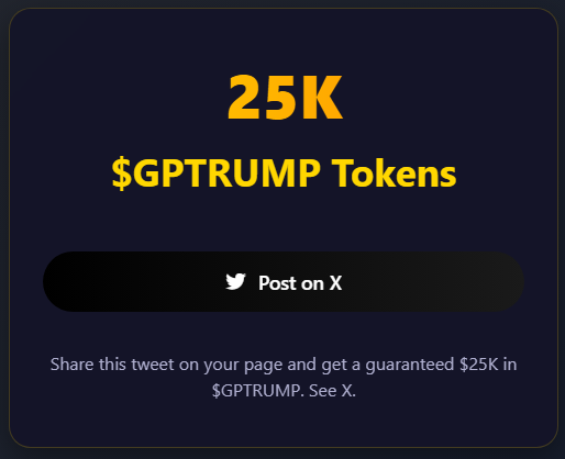 GoPumpTrump's tweet photo. Get 25K for tweeting on your page 🔥

Go to https://t.co/p5z66VhQ2D
Click the X button

Send your address and link to the tweet.

LK, RT 💟

#Airdrop #GPTRUMP #ClickClack https://t.co/8iCtBiBPSp