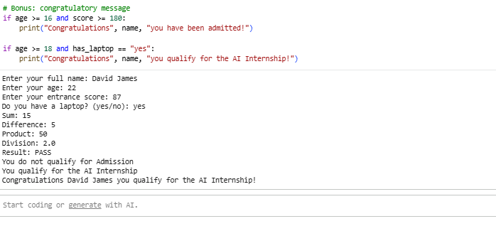 001_commander's tweet photo. Day 3  Week 2, of my internship at @BonifaceChosen  had us exploring arithmetic, comparison, and logical operators — and putting them to work by building a basic calculator and a student profile! #Algorithmic_Explorers #Internship #ArtificialIntelligence #MachineLearning https://t.co/zZKJGHy5YV