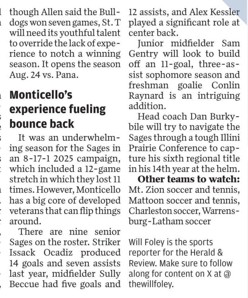 SagesAthletics's tweet photo. Sages in the News!

@SagesMensSoccer featured in the fall soccer preview, highlighting the experience returning for the Sages this season!

Cate Sanders earns medalist honors with a 40 as @SagesGolf picks up wins over Champaign Central and Bloomington!

Issack Ocadiz finds the back of the net with an assist from Steven Bluhm in Tuesday’s match at Fisher.

#GoSages