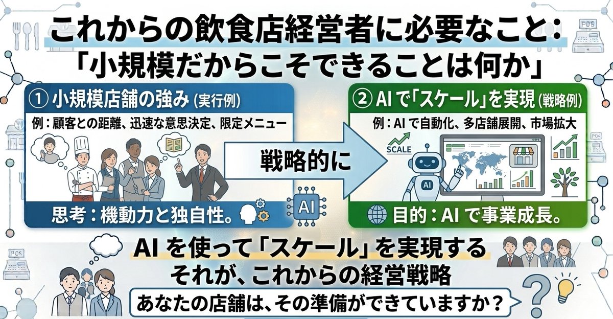 work_life77's tweet photo. つまり、これからの飲食店経営者に必要なのは

「小規模だからできない」ではなく
「小規模��からこそできることは何か」という思考

AI を使って「スケール」を実現する
それが、これからの経営戦略

あなたの店舗は、その準備ができていますか？ https://t.co/vrsH7eiZIN