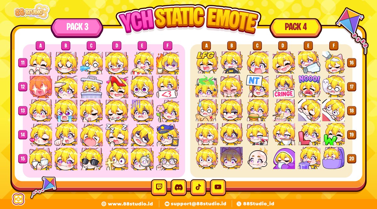 88Studio_ID's tweet photo. Hello, all!
These are our YCH emotes packs 3 and 4!
One of our very first collections! Do any of you still have one of these emotes? π
Available for mix-and-match between our other YCH regular packages. If you donβt have one yet, come grab one! >u< /
#88studioid #VGenOpen https://t.co/fFrM3iOXFx