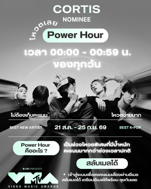 cortis_thailand's tweet photo. [Vote] 2026 #VMAs Voting  #ชวนโหวตเด็กโหลดต่ำ
ใครสายนอนดึก มาโหวตกันค่ะ

⚡ Power Hour X2
🕚 เวลา 00:00–00:59 น. ของทุกวัน
🎫 ปกติได้ 10 โหวต X 2 เท่ากับ 20 โหวต
* สลับเมลได้ โหวตง่ายมากไม่ต้องเก็บคะแนน

🔗 https://t.co/h8ZqenU4oC
🔗 https://t.co/tjfN0Hv0yW

โหวตแล้วอย่าลืมมาเล่น #ชวนโหวตเด็กโหลดต่ำ กันนะคะ

#CORTIS #코르티스  @MTV