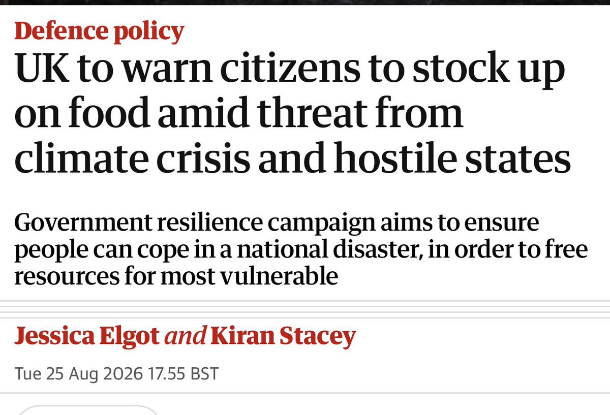 LizWebsterSBF's tweet photo. 🚨 THE GOVERNMENT IS NOW TELLING BRITONS TO STOCKPILE FOOD

For years I have been warning that food security is national security.

I was called hysterical. Alarmist. Loopy Liz 🤪

Now the Cabinet Office @downingstreet is preparing to tell British households to stock up on tinned food and bottled water because of the threat from climate change, hostile states and national emergencies.

Household preparedness is sensible.

But where is the national food preparedness plan?

Britain’s farmers have just suffered a catastrophic harvest. Farming organisations warn some won’t have the cash to plant next year’s crops or replace livestock. Drought is forcing livestock farmers to use winter fodder now. Fertiliser and energy supplies are exposed to geopolitical shocks.

Telling 70 million people to keep tins in the cupboard deals with the symptom.

Protecting British farming, rebuilding food production, securing fertiliser and energy, investing in water storage and restoring the closest possible food-trading relationship with Europe deals with the cause.

You cannot stockpile your way out of a prolonged food-security crisis.

Britain needs a COBRA-level food resilience strategy which includes a food production plan. Now.

🇬🇧 Food security is national security.