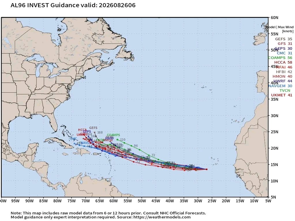 RadarTM1's tweet photo. ⏰️8AM: #NHC disminuye a 60% las probabilidades de desarrollo ciclónico de la #Invest96L en el Atlántico Oriental. Seguimos pendientes a su evolución y futura trayectoria. 
#Hurricanes2026 #Cuba #Florida #PuertoRico #Caribe #RadarDelTiempo https://t.co/zYm3PIdS6Q