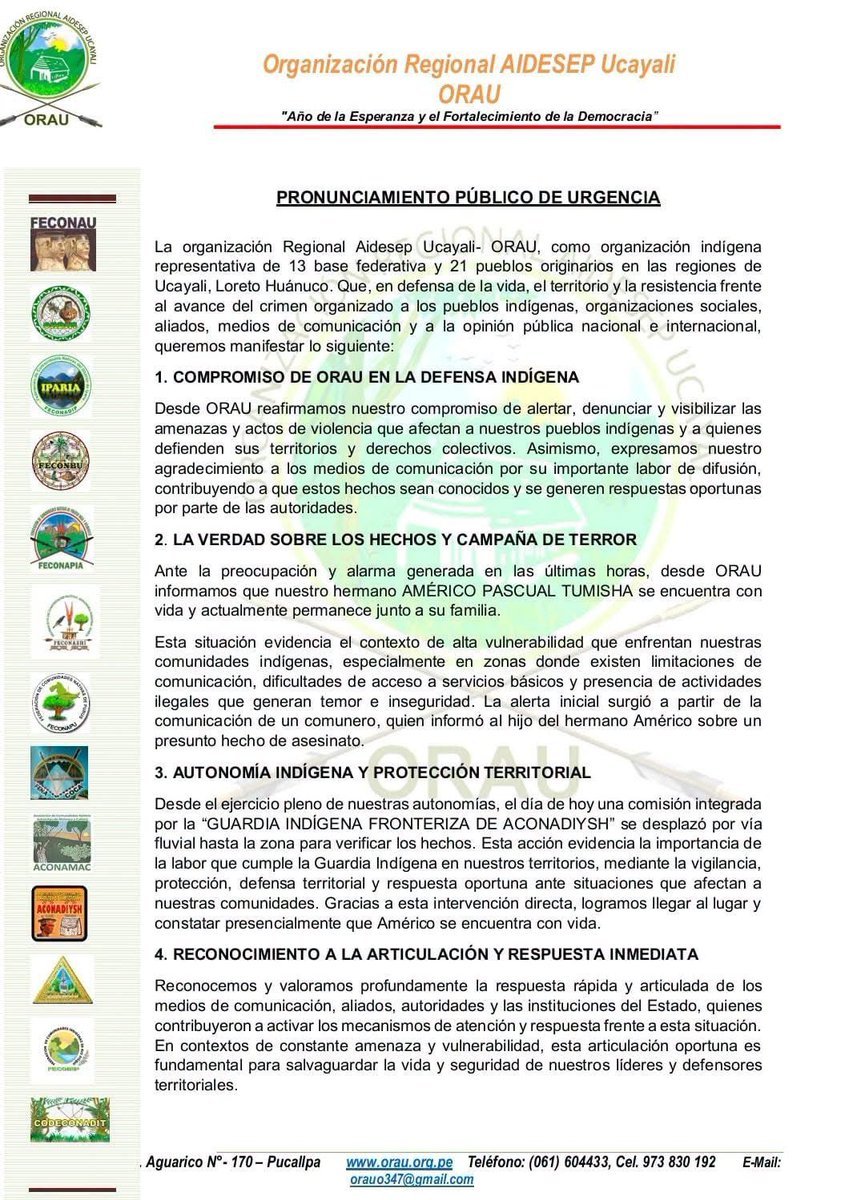 Ojo_Publico's tweet photo. 📍#Urgente La organización indígena regional de Ucayali (ORAU) aclaró que el líder ashéninka Américo Pascual Tumisha está vivo y en su casa. 
Hace unos días la organización denunció el supuesto asesinato. La comisión que viajó a la zona constató que el líder se encontraba bien. https://t.co/kcOLCNTfM7