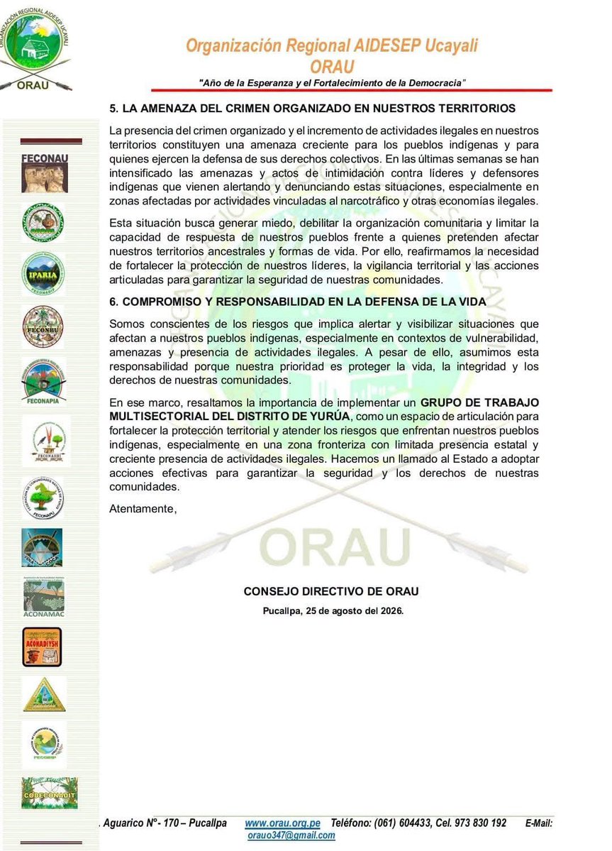 Ojo_Publico's tweet photo. 📍#Urgente La organización indígena regional de Ucayali (ORAU) aclaró que el líder ashéninka Américo Pascual Tumisha está vivo y en su casa. 
Hace unos días la organización denunció el supuesto asesinato. La comisión que viajó a la zona constató que el líder se encontraba bien. https://t.co/kcOLCNTfM7