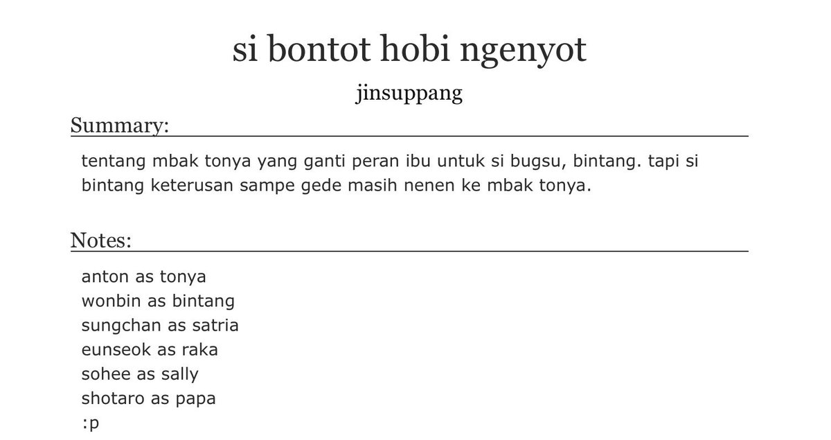 5dyssea's tweet photo. nenton au (fem!ton)
[si bontot hobi ngenyot]

⚠️ read tags inside🔞
🖇️ https://t.co/Kt31bmHVXB
📚2.1k words https://t.co/5plHrCLBBV