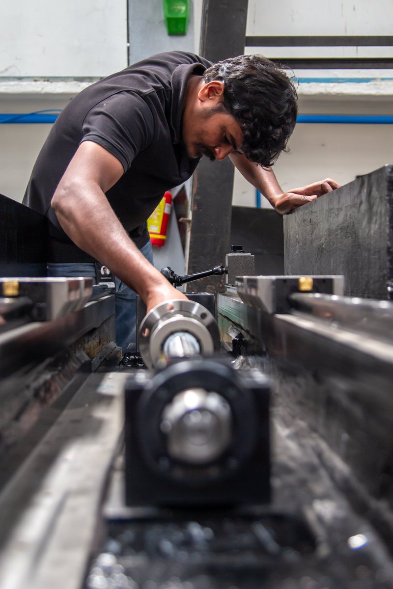 etherealmachine's tweet photo. Most people who build machines never see them again. Ours do.

He is setting the geometry of this axis. In two years, he will find out exactly how it held.

The operator walks over and tells him how it behaves after a year of cutting. The maintenance engineer tells him what he would do differently.

What they tell him goes into the next machine. And into every part this one cuts.

#EtherealMachines #MaaS #MadeInIndia #Manufacturing #Engineering #5AxisCNC