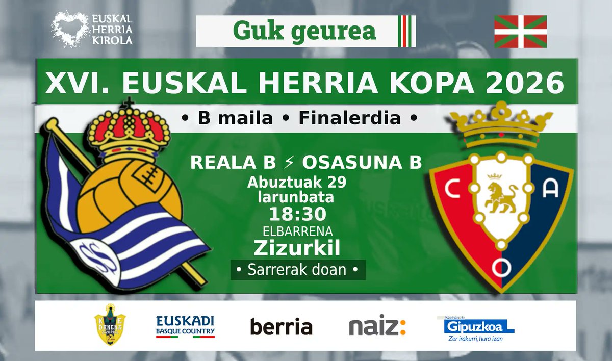 ehkirola's tweet photo. 🏆️XVI.EHKopa2026 B ⚽️️
📢 Finalerdia
✅️@RealSociedadFEM B⚡️@Osasuna_fem B
🗓️ Abuztuak 29 • larunbata
⏰ 18:30
🏟️ #Elbarrena #Zizurkil
#EHKopa
▶️ https://t.co/aOqDJdVuCc https://t.co/FQ7aYIMVes