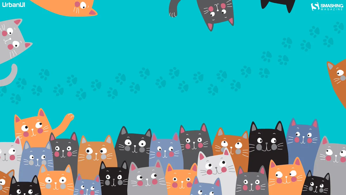 Illustrated desktop wallpaper showing a group of friendly cats. 24 cats are huddled together at the bottom of the wallpaper, five cats are peeking in from the sides and the top, looking and waving at each other.
