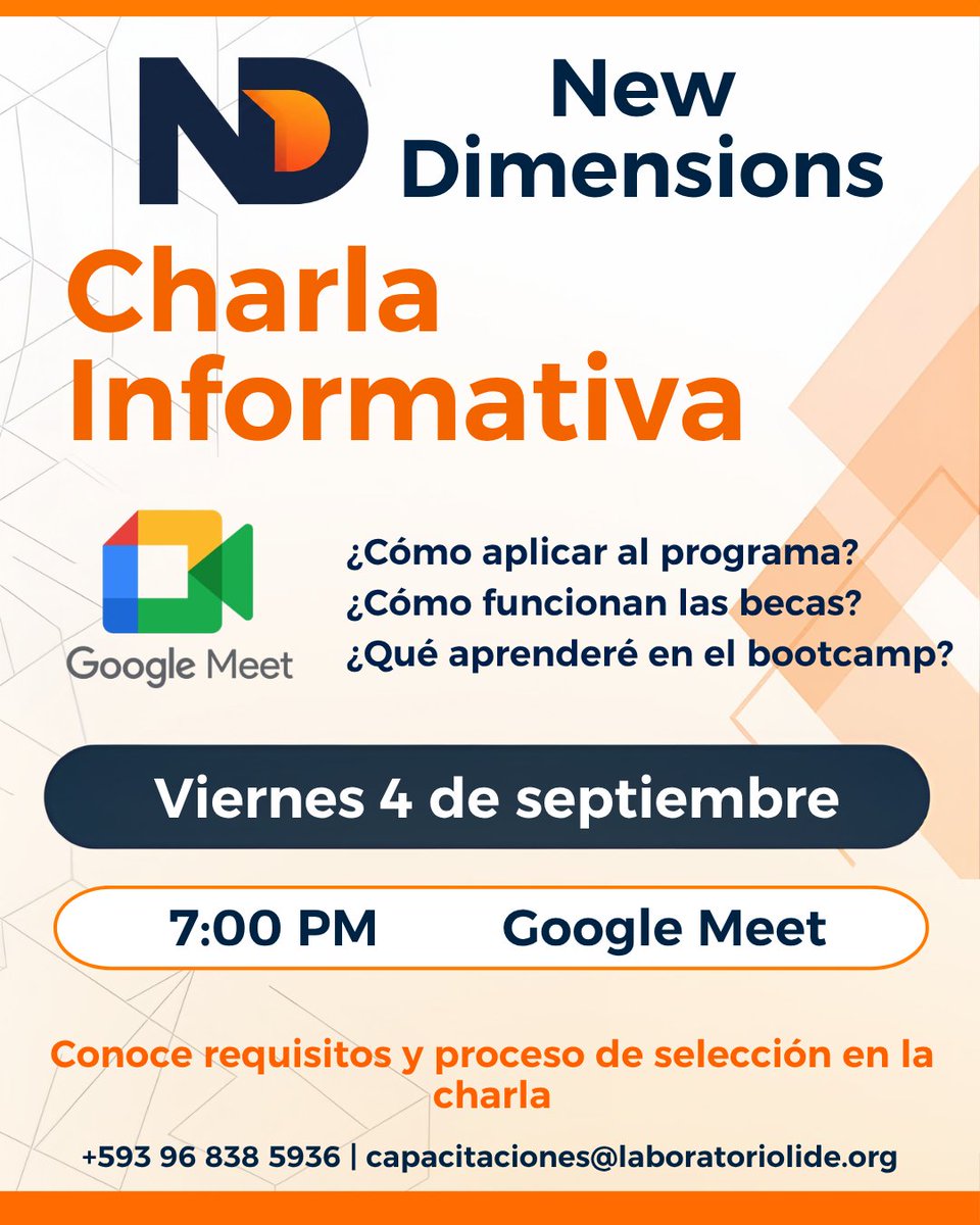 newdimension_ec's tweet photo. 🚀¡Nuevas fechas para New Dimensions!
🎓Becas disponibles para formarte en análisis de datos e inteligencia de negocios.
📢 Conoce cómo aplicar en nuestra Charla Informativa:
📅 4 de septiembre | 7:00 PM | Google Meet
📌 Aplica hasta el 19 de septiembre.
https://t.co/w9f9sZQKNz https://t.co/QEtXFTBnM4