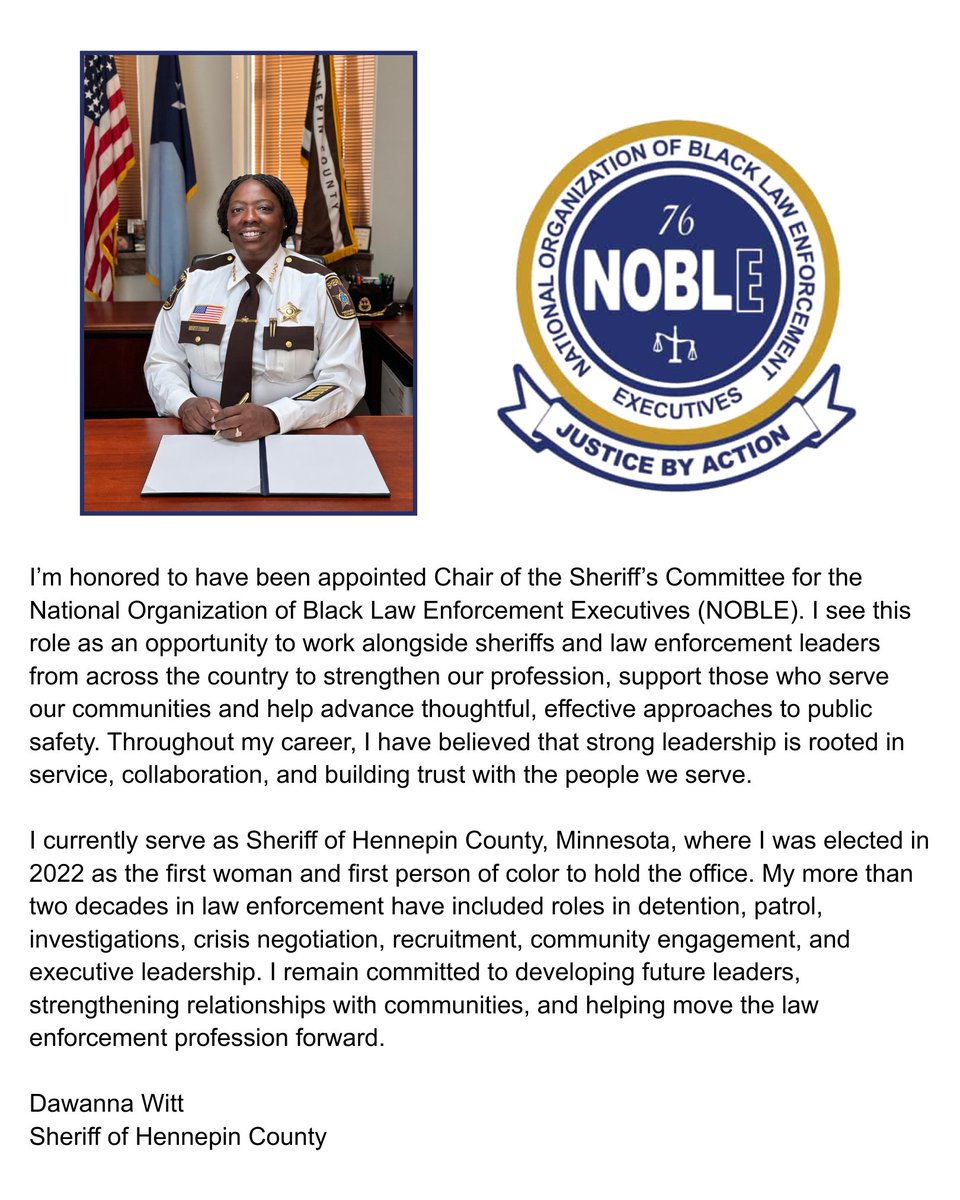 noblenatl's tweet photo. #NOBLE is proud to welcome Sheriff Dawanna Witt as Chair of the Sheriff's Committee.  Her leadership, experience &amp; dedication to building trust between law enforcement &amp; the communities they serve will help advance our mission and support leaders across the country. 

#NOBLEproud https://t.co/pqsRFdrxpH
