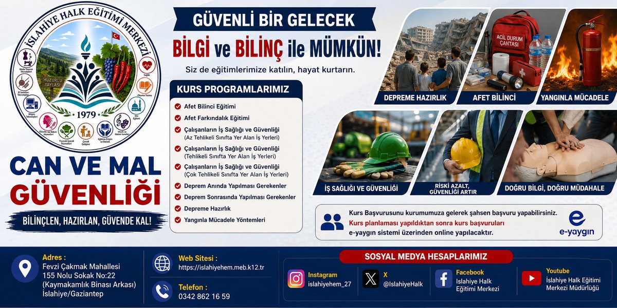 IslahiyeHalk's tweet photo. Hayat Boyu Öğrenmek, Kendine Değer Katmak İçin Şimdi Tam Zamanı!

İslahiye Halk Eğitimi Merkezi bünyesinde açılması planlanan “CAN VE MAL GÜVENLİĞİ” alanındaki çeşitli kurs programları için başvurular başladı! https://t.co/2tKP6Q58R0