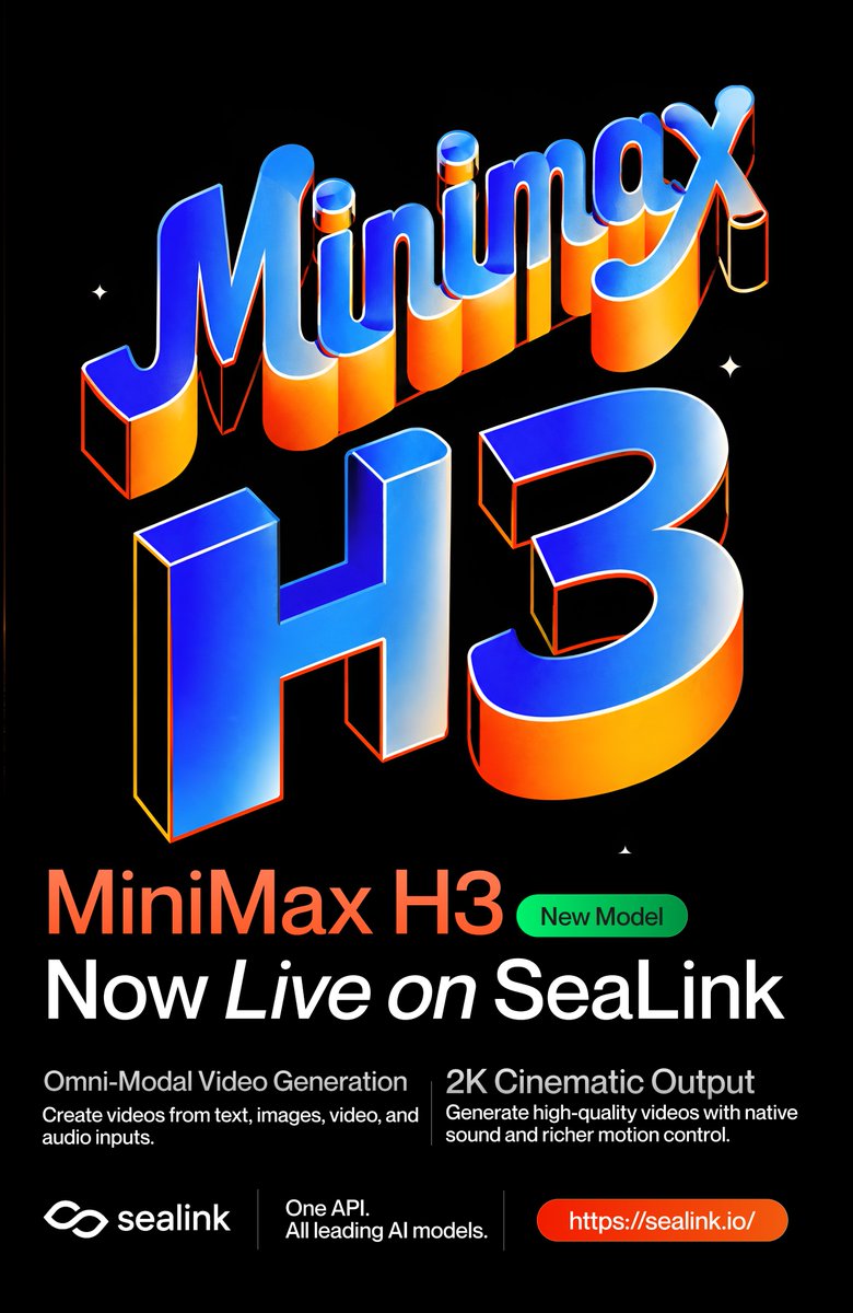 SeaLinkAI's tweet photo. 🎬 AI infrastructure isn’t just text anymore.

MiniMax H3 is now live on SeaLink — built for multimodal video generation with native stereo audio, up to 2K output, and complex creative workflows.

One API. More ways to build. ⚡

#MiniMax https://t.co/zq6xRh2KFV