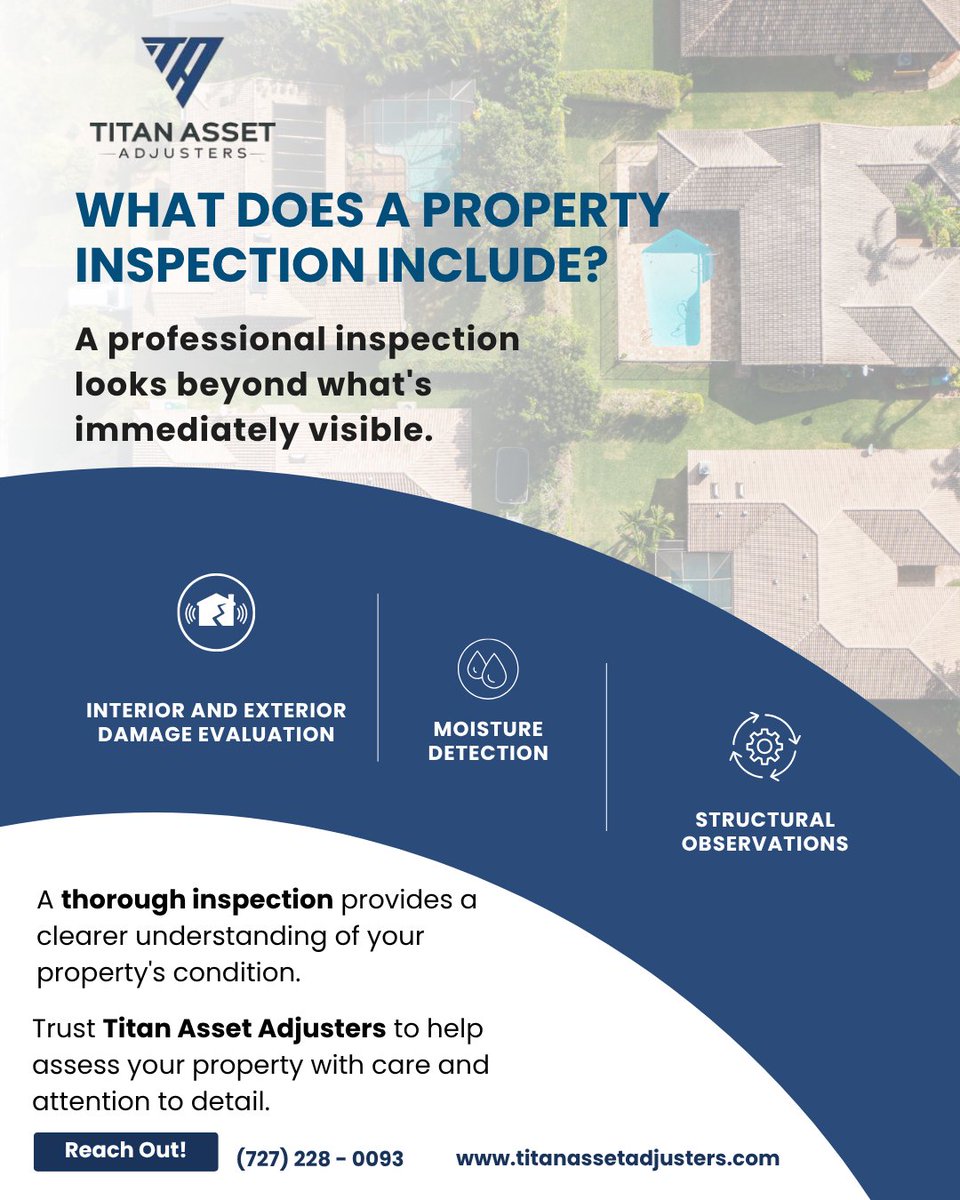 Titan_Asset's tweet photo. What does a property inspection include?

A thorough inspection can look beyond obvious damage, including:
🔎 Interior &amp; exterior evaluation
💧 Moisture detection
🏗️ Structural observations

📞 (727) 228-0093 https://t.co/XnCc9rIQqL