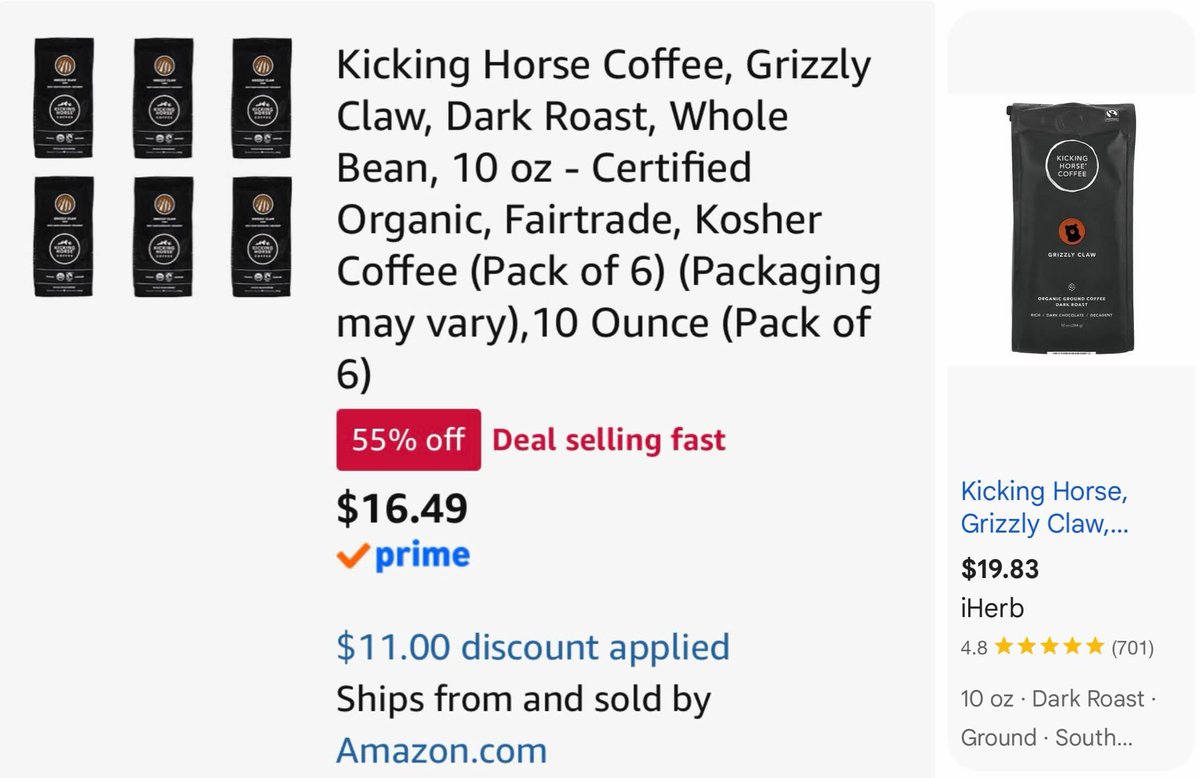 DealDrivers's tweet photo. 6-PACK DARK ROAST COFFEE NOW $16

Price drops when you switch to sub/save, clip coupon, then head to checkout

Just ONE pack of these goes for  $19 at iHerb 

Limited time deal, not sure how long it’ll stay in stock for

<https://t.co/BwbhQ7ihXv> https://t.co/vaIGBeMgeY