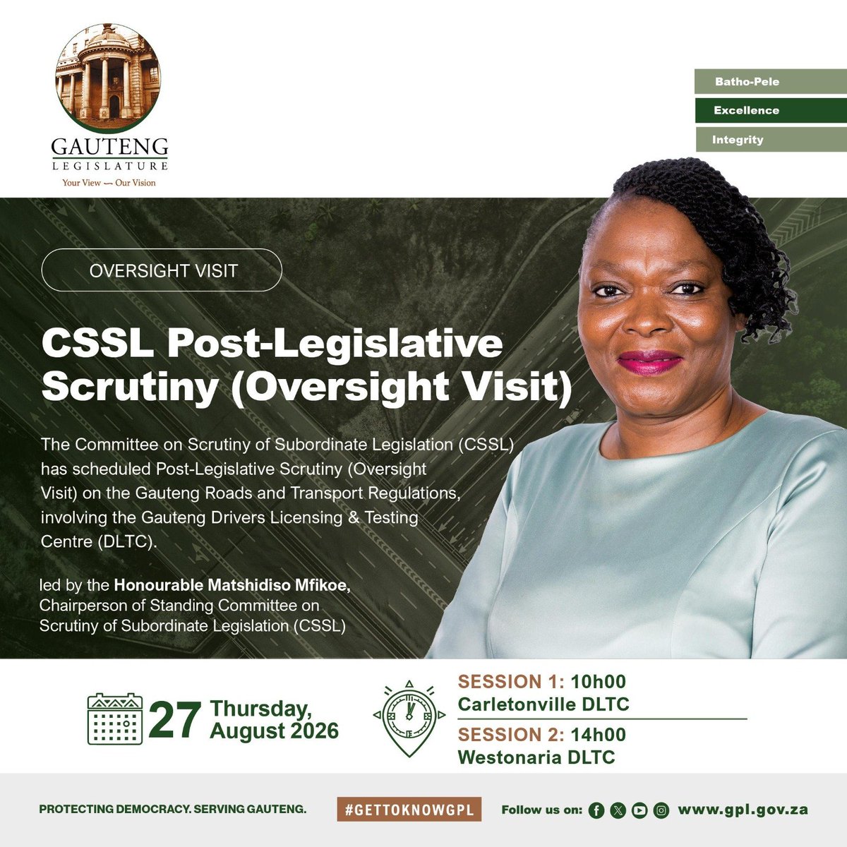GPLegislature's tweet photo. The Committee on Scrutiny of Subordinate Legislation (CSSL) has scheduled Post-Legislative Scrutiny (Oversight Visit) on the Gauteng Roads and Transport Regulations, involving the Gauteng Drivers Licensing and Testing Centre (DLTC).
#GPL #GetToKnowGPL https://t.co/9Dz412b7g9